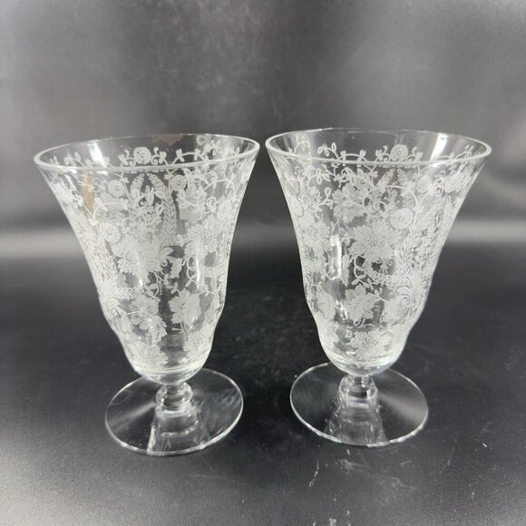 Antique Tiffin Franciscan June Nights Clear Etched Floral Goblet Glasses Set 2 - Picture 10 of 11